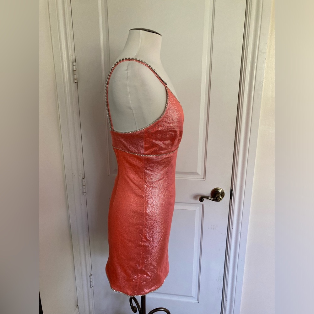 AREA Mini Dress in Crystals Embellished Trim & Metallic Coral - Picture 13 of 16